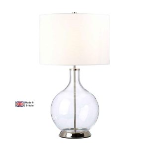 Elstead Orb clear glass table lamp in polished nickel with white shade on white background.