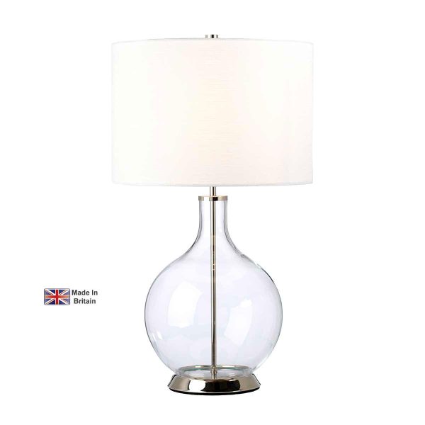 Elstead Orb clear glass table lamp in polished nickel with white shade on white background.