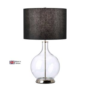 Elstead Orb clear glass table lamp in polished nickel with black shade on white background, lit.