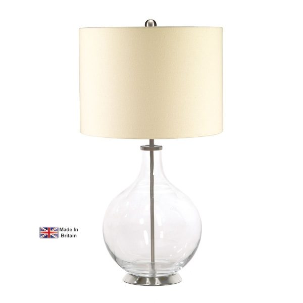 Elstead Orb clear glass table lamp in brushed nickel with cream shade on white background