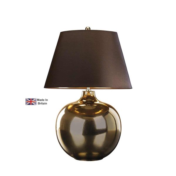 Elstead Ottoman 1 light bronze ceramic table lamp with brown shade on white background.