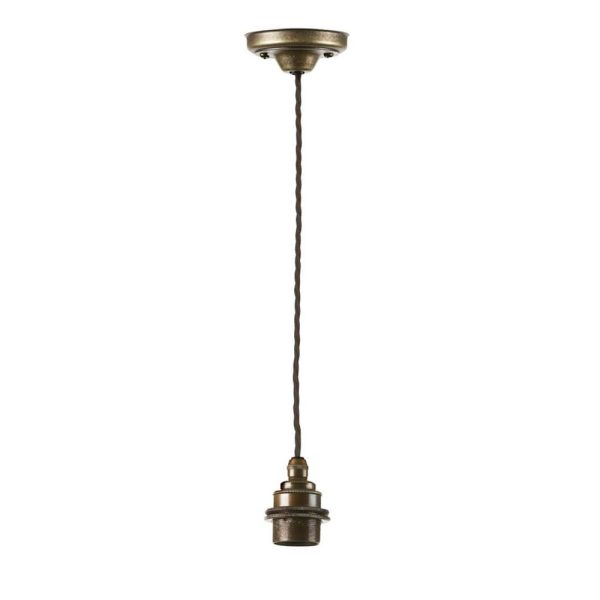 Painswick pendant suspension in solid aged brass with braided flex on white background