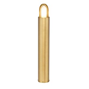 Elstead Paignton 1 light brushed solid brass outdoor bollard light on white background, lit.