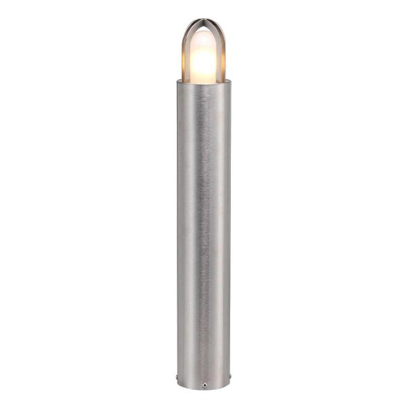 Elstead Paignton 1 light 316 stainless steel outdoor bollard light on white background, lit.