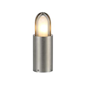 Elstead Paignton mini solid 316 stainless steel outdoor bollard light on white background, lit.