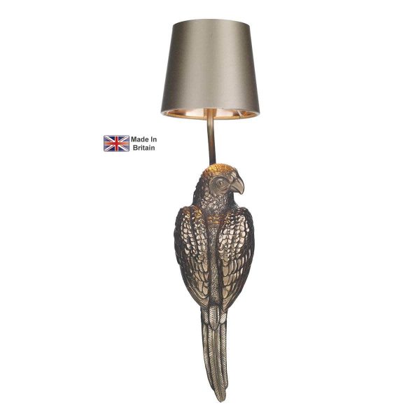 Parrot right facing single wall light in bronze finish with bespoke shade on white background lit