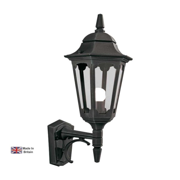 Elstead Parish 1 light upward outdoor wall lantern in black on white background, lit