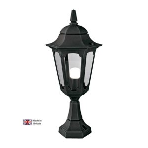 Elstead Parish 1 light outdoor pedestal lantern in black on white background