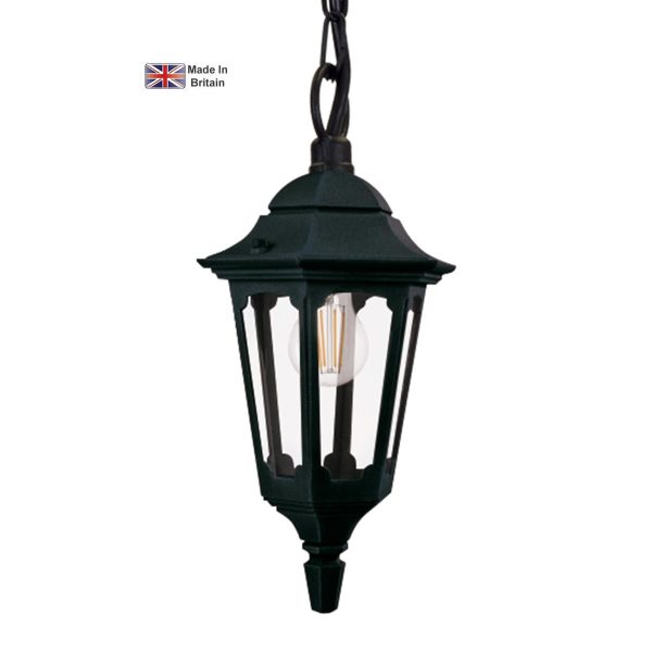 Elstead Parish 1 light hanging outdoor porch lantern in black on white background