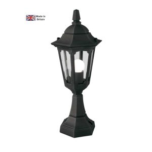 Elstead Parish Mini 1 light outdoor pedestal lantern in black on white background