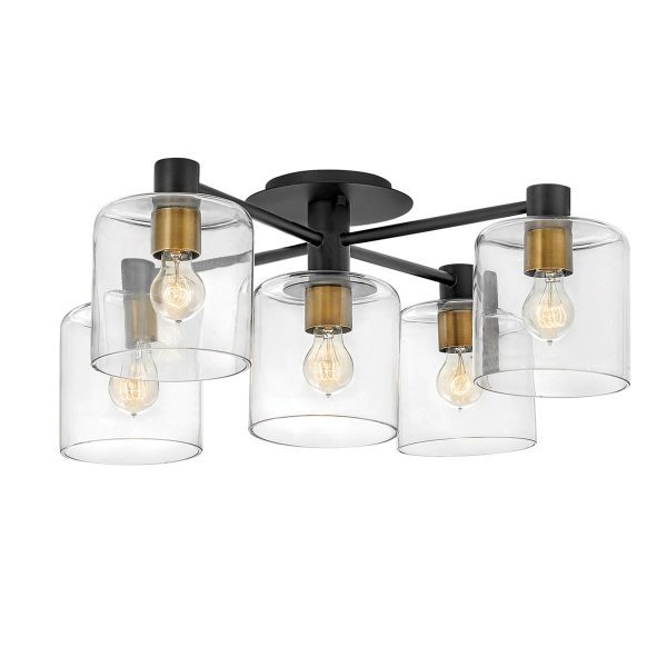 Quintiesse Axel 5 light semi flush low ceiling light in matt black with clear glass on white background