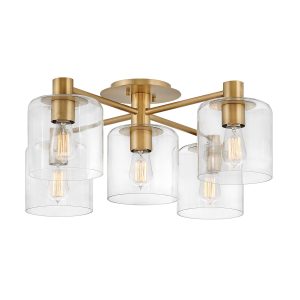 Quintiesse Axel 5 light semi flush low ceiling light in heritage brass with clear glass on white background