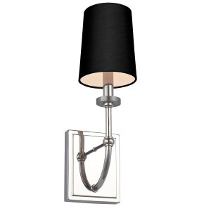 Quintiesse Felixstowe bathroom wall light in chrome with black faux silk shade on white background