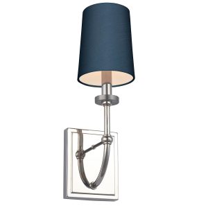 Quintiesse Felixstowe bathroom wall light in chrome with blue faux silk shade on white background