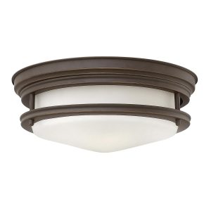 Quintiesse Hadrian oil rubbed bronze 2 lamp flush bathroom ceiling light with opal glass shade main image