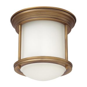 Quintiesse Hadrian brushed bronze 1 lamp small flush bathroom ceiling light with opal glass shade main image
