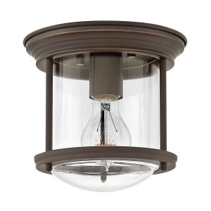 Quintiesse Hadrian oil rubbed bronze 1 lamp small flush bathroom ceiling light with clear glass shade main image
