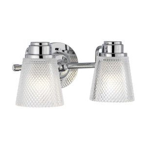 Quintiesse Hudson polished chrome twin bathroom wall light with cut glass shades facing down lit