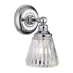 Quintiesse Keynes chrome 1 lamp bathroom wall light with cut glass shade lit