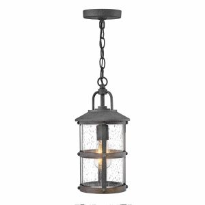 Quintiesse Lakehouse 1 light small hanging porch lantern in aged zinc on white background
