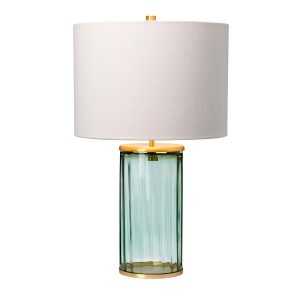 Quintiesse Reno ribbed green glass 1 light table lamp with aged brass metalwork and cream shade main image