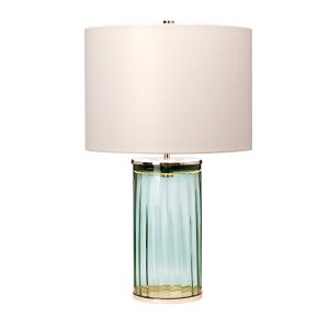 Quintiesse Reno ribbed green glass table lamp with polished nickel metalwork and cream shade main image