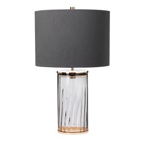 Quintiesse Reno ribbed smoked glass 1 light table lamp with polished nickel metalwork and grey shade main image