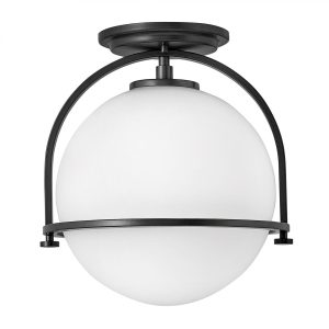 Quintiesse Somerset 1 lamp single flush ceiling light in matt black with opal white glass main image