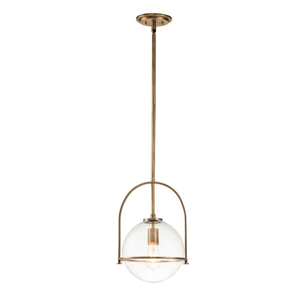 Quintiesse Somerset 1 light pendant in heritage brass with clear seeded glass full height