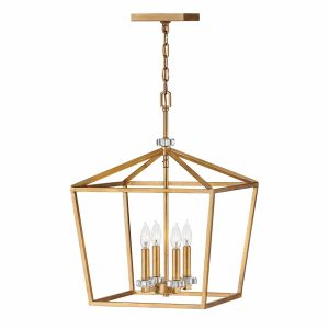Quintiesse Stinson 4 light large ceiling pendant in distressed brass shown full height