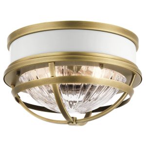 Quintiesse Tollis gloss white 2 light flush ceiling light in natural brass main image