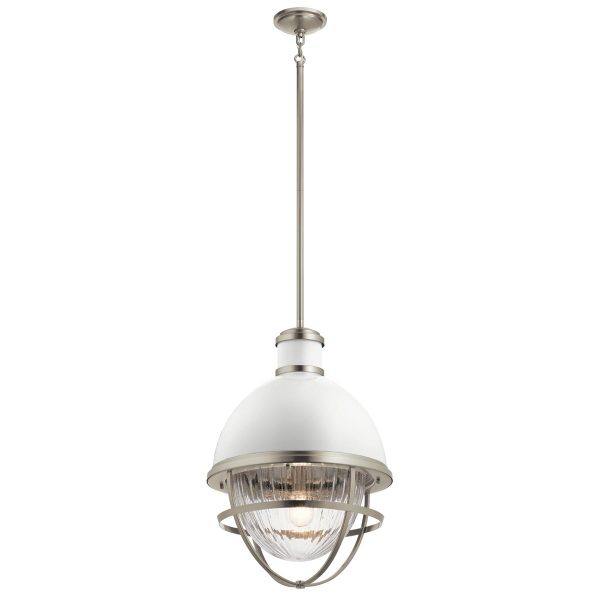 Quintiesse Tollis gloss white large kitchen pendant in brushed nickel full height