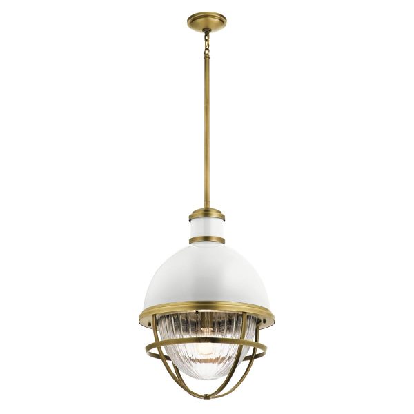 Quintiesse Tollis gloss white large kitchen pendant in natural brass full height