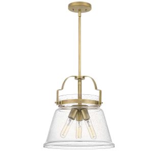 Wimberley 3 light pendant in weathered brass with seeded glass shade full height