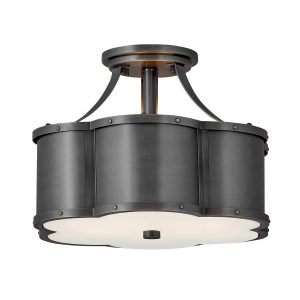 Quintiesse Chance 2 lamp semi flush ceiling light in blackened brass on white background