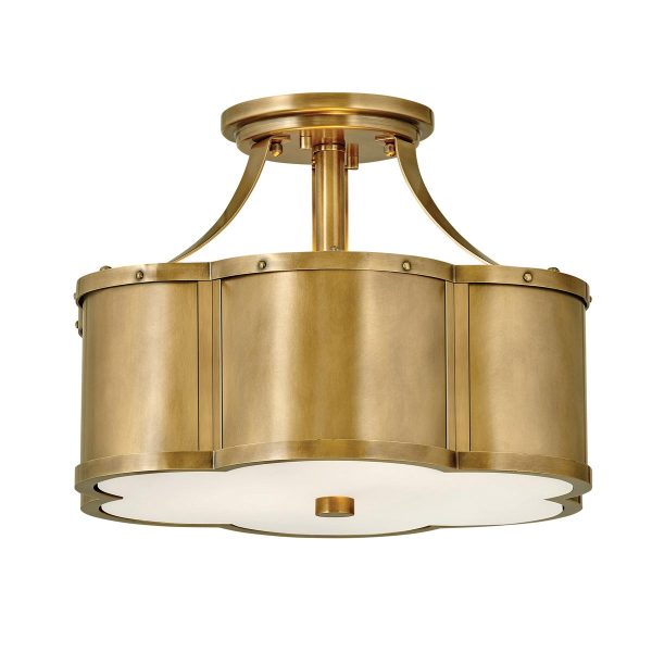 Quintiesse Chance 2 lamp semi flush ceiling light in heritage brass on white background
