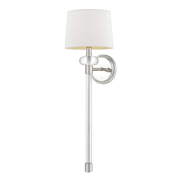 Barbour single polished nickel wall light with white shade on white background