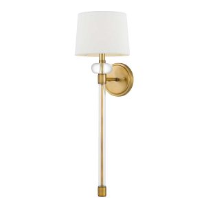 Quoizel Barbour single weathered brass wall light with white shade on white background