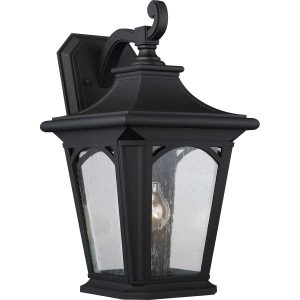 Quoizel Bedford large outdoor wall lantern in mystic black on white background.