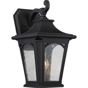 Quoizel Bedford medium outdoor wall lantern in mystic black on white background.