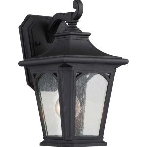 Quoizel Bedford small outdoor wall lantern in mystic black on white background.