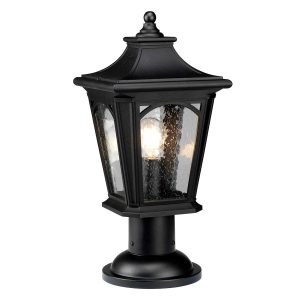 Quoizel Bedford outdoor pedestal lantern in mystic black on white background.