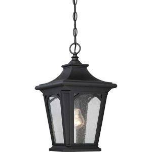 Quoizel Bedford hanging outdoor porch lantern in mystic black on white background.