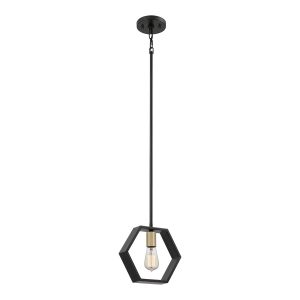 Quoizel Bismarck modern 1 light mini pendant in black and gold, full height on white background, lit.