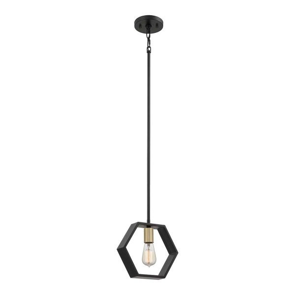 Quoizel Bismarck modern 1 light mini pendant in black and gold, full height on white background, lit.