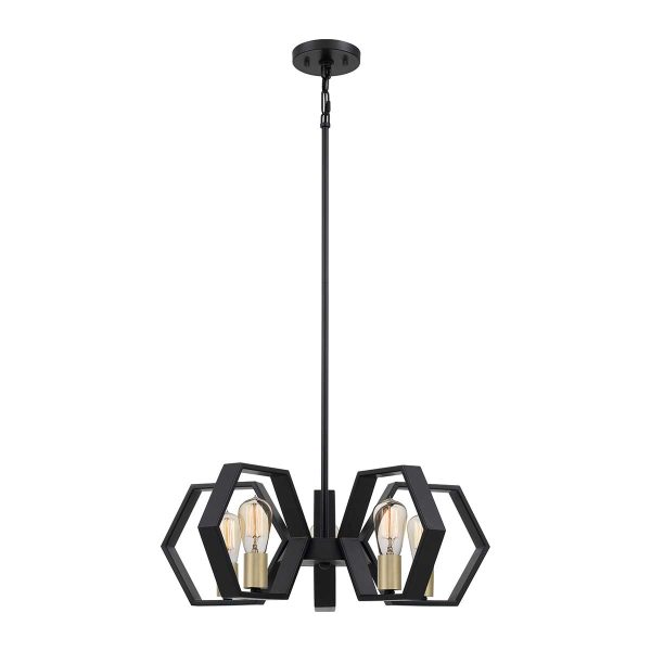 Quoizel Bismarck modern 5 light chandelier in black and gold, full height on white background