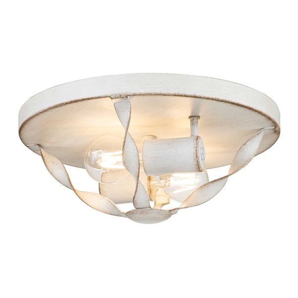 Quoizel Bradbury 2 light flush mount ceiling light in antique white on white background, lit