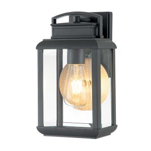 Quoizel Byron 1 light small outdoor wall lantern in graphite on white background, lit