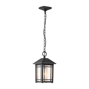 Quoizel Cedar Point black hanging porch lantern, shown full height on white background.