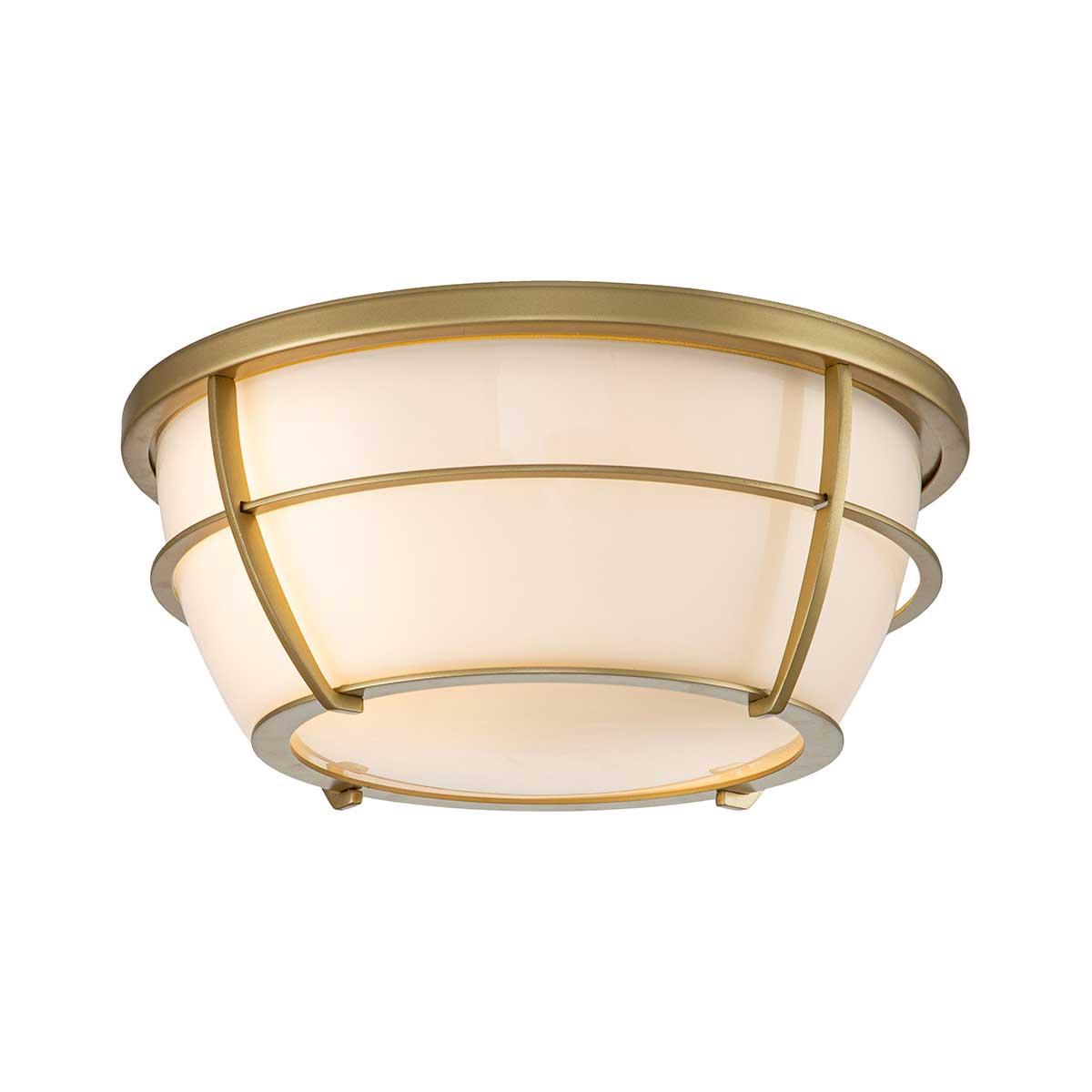 Quoizel Chance 2 light flush bathroom ceiling light in natural brass on white background, lit